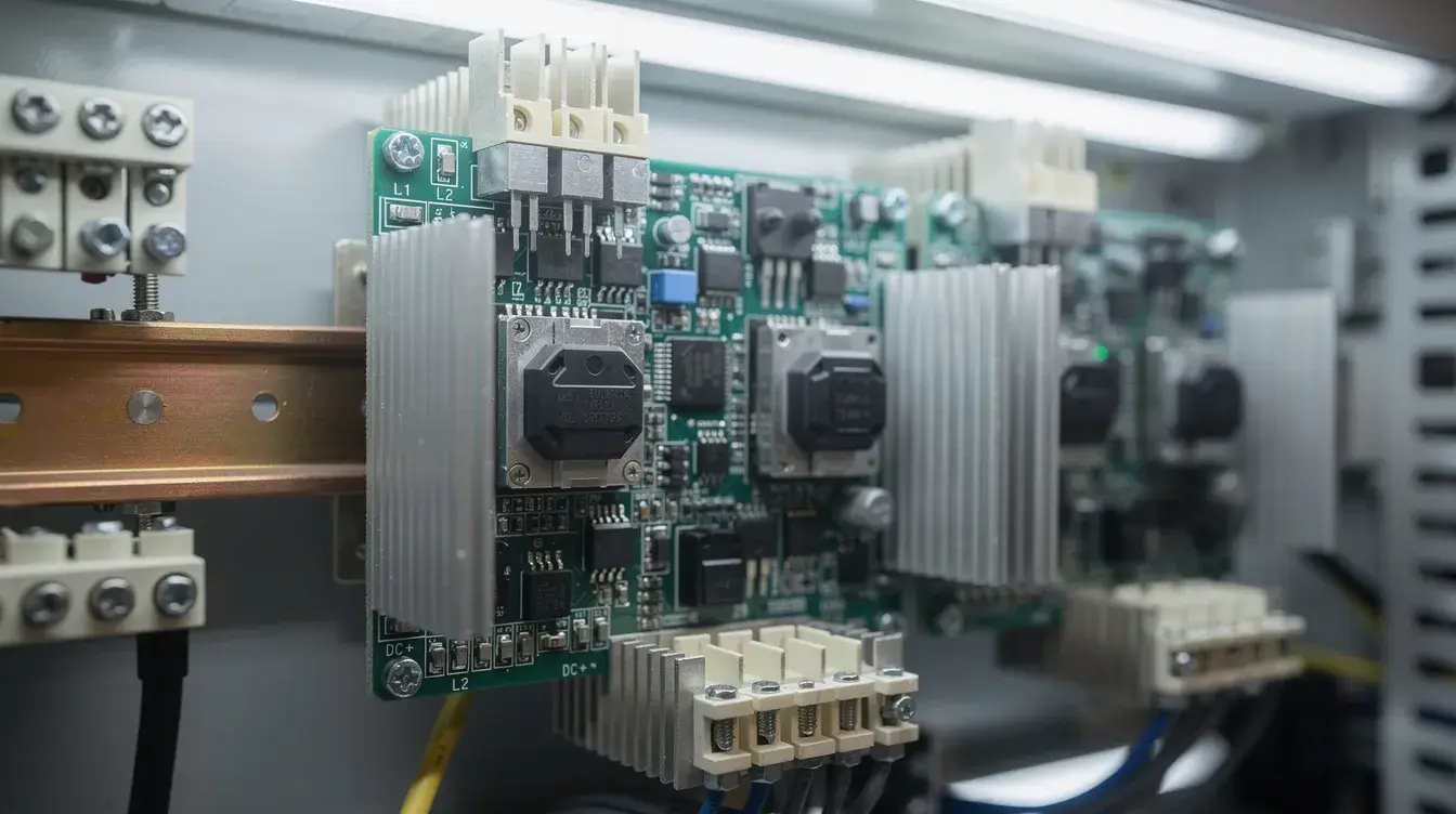 a close-up view of power electronics boards featuring switching transistors and heat sinks